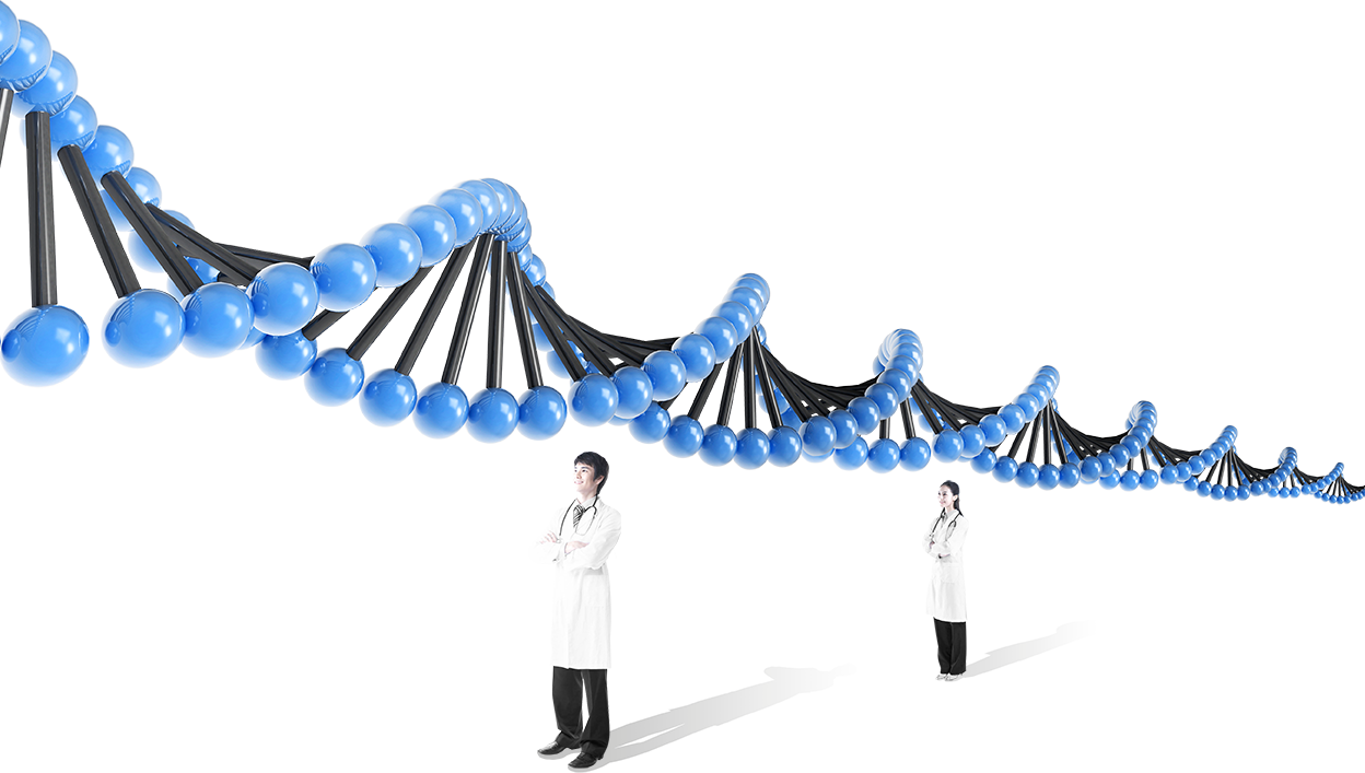 DNA helix with two researchers